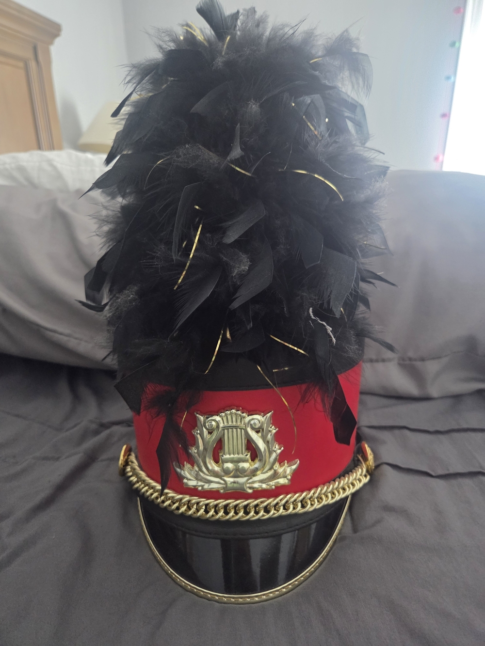 Red and Black Feathered Marching Band Shako Hat